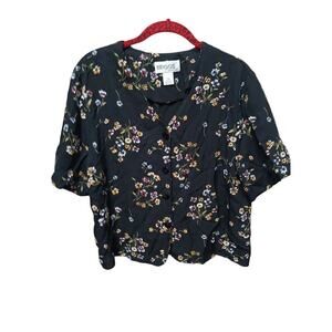 Briggs New York Black Floral Button Up Blouse Size 14 Classy